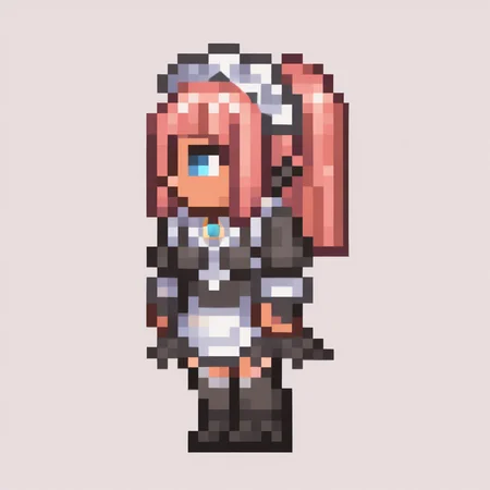 masterpiece, best quality, solo, 1girl, <lora:Terraria-Sprites-illus_Fp:1>, simple background, full body, pixel art, white background, <lora:felicia-fe-richy-v1_ixl:1>, f1cdf, blue eyes, pink hair, long hair, ponytail, sidelocks, blunt bangs, maid headdress, black feathered collar, blue brooch, medium breasts, maid, juliet sleeves, maid apron, bridal gauntlets, black thighhighs, thighs, chibi,