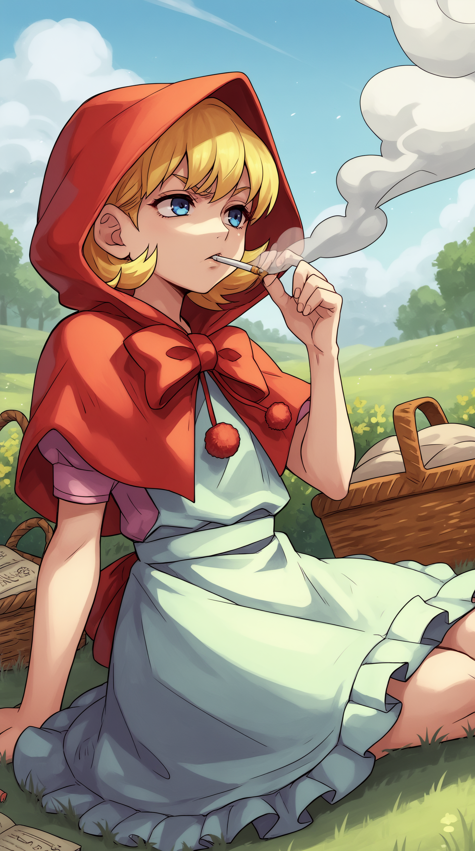 score_9, score_8_up, score_7_up,anime_source, source_anime, best background, detailed background, anime screencap, 4k, upscaled,  Baby Bonnie Hood, Main Outfit, solo, sitting, book, smoke, cigarette, basket, picnic basket, wariza, outdoors, field,   <lora:JN_Baby_Bonnie_Hood_Pony:0.8>
