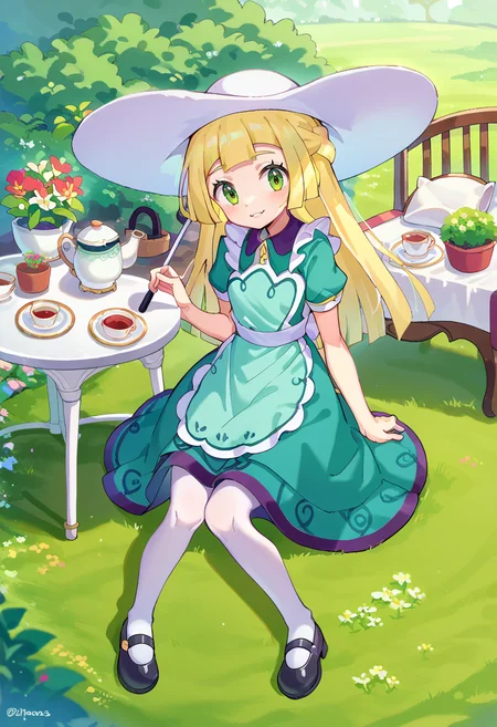 sitting, teacup, smile, garden, table, parasol, <lora:Lillie_PonyXL:1> 1lillie1, blonde hair, long hair, green eyes, 6teatime6, green dress, apron, white sunhat, white pantyhose, black footwear,, score_9, score_8_up, score_7_up, source_anime,