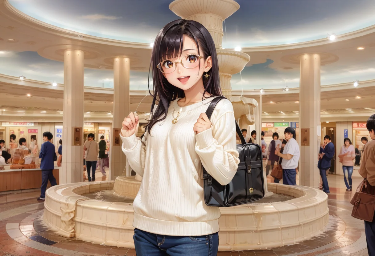 score_9, score_8_up, score_7_up, rating_safe, masterpiece, best quality, absurdres, unity 8k wallpaper, official art, official style, source_anime, uncensored, game cg, megami magazine,
1girl, solo, glasses, black hair, long hair, white ribbed sweater, happy, smile, looking at viewer, open mouth, solo focus, standing,
izuminohiroba, real world location, 6+boys, multiple boys, 6+girls, multiple girls, scenery, crowd, bag, pants, fountain, ceiling
<lora:izuminohiroba_pony_V1:1>