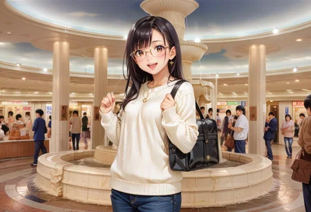 score_9, score_8_up, score_7_up, rating_safe, masterpiece, best quality, absurdres, unity 8k wallpaper, official art, official style, source_anime, uncensored, game cg, megami magazine,
1girl, solo, glasses, black hair, long hair, white ribbed sweater, happy, smile, looking at viewer, open mouth, solo focus, standing,
izuminohiroba, real world location, 6+boys, multiple boys, 6+girls, multiple girls, scenery, crowd, bag, pants, fountain, ceiling
<lora:izuminohiroba_pony_V1:1>