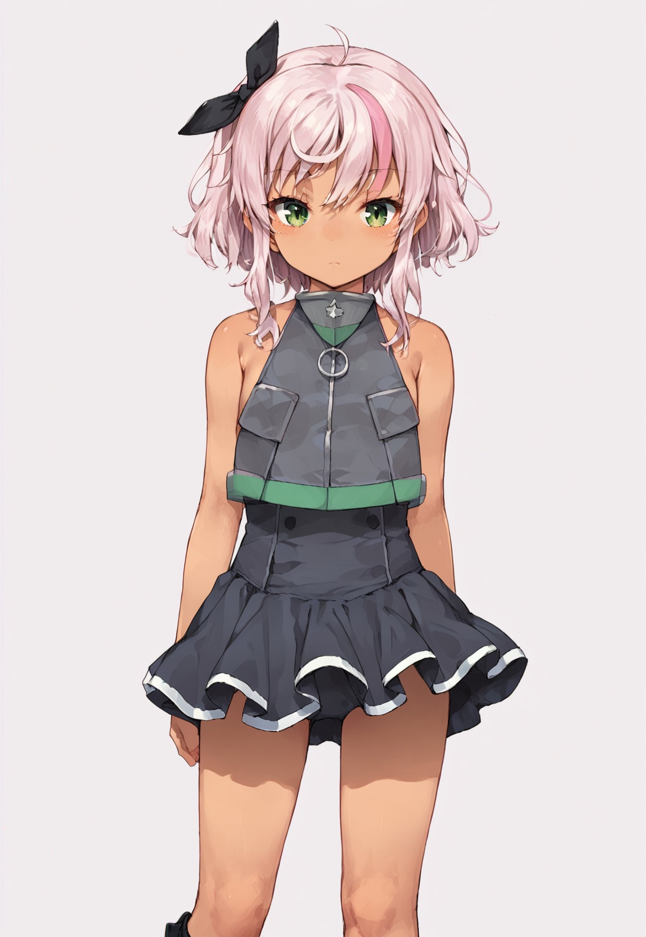 score_9, score_8_up, score_7_up, source_anime, comandante cappellini (kancolle), black footwear, black skirt, cowboy shot, bare shoulders, standing, ribbon, sleeveless, skirt