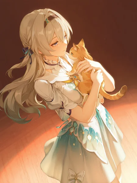 (masterpiece, best quality, very aesthetic, absurdres, highres:1.2), <lora:illustriousXL_stabilizer_v1.7:1>, 1girl, solo,  incredible lighting, (firefly, honkai star rail:1.1), ff_hairband, ff_hair_ornament, ff_shirt, ff_skirt, iconic scene, cinematic, holding kitten, fur, animal, <lora:NOOB_vp1_detailer_by_volnovik_v1:1>, painterly style, <lora:anmiXLillokrV53P1:0.4>, <lora:reikolokr_for_illustrious:0.4>, <lora:10_AESTX:0.6> aestx, brushstroke \(medium\), dynamic angle,  <lora:Firefly:0.8>, simple background, bokeh