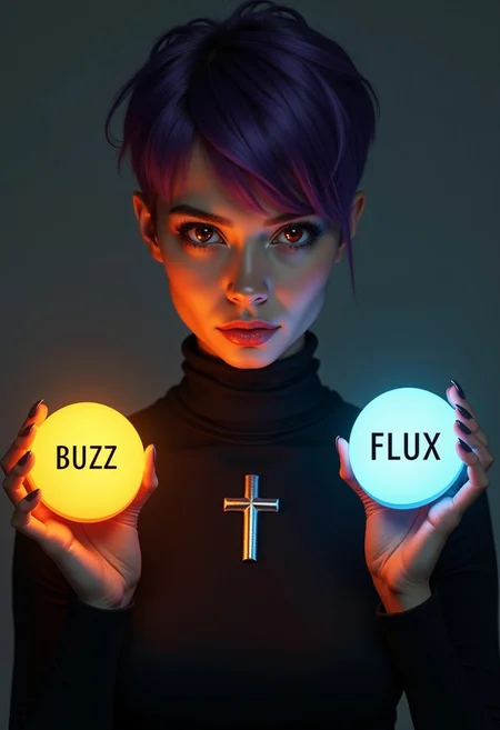 The image centers on a striking young woman with tan skin and deep red eyes, her expression intense and focused. She has short, choppy purple hair that frames her face, giving her a bold, edgy look. She’s dressed in a sleek black turtleneck, with a silver cross prominently displayed on the fabric, adding a touch of mystery to her appearance.
In the foreground, two large, glowing buttons hover in the air before her, each radiating its distinct aura. The "Light" option on the left side is bathed in a soft, golden glow. The word "BUZZ" is displayed in a clean, elegant font, shining brightly as if inviting a choice toward something positive or hopeful. The light from this option casts a warm, gentle glow on the girl’s face, highlighting her features with a soft, almost angelic light.
On the right side, the "Dark" option is enveloped in a deep, shadowy hue, almost pulsating with a dark energy. The word "FLUX" is written in a bold, sharp font, with each letter appearing to crackle with a subtle, ominous force. The darkness from this option contrasts starkly with the light, casting shadows across the girl’s face, giving her an air of danger or conflict.
She stands at the crossroads of these two choices, her red eyes reflecting both the light and dark options, suggesting a moment of decision.