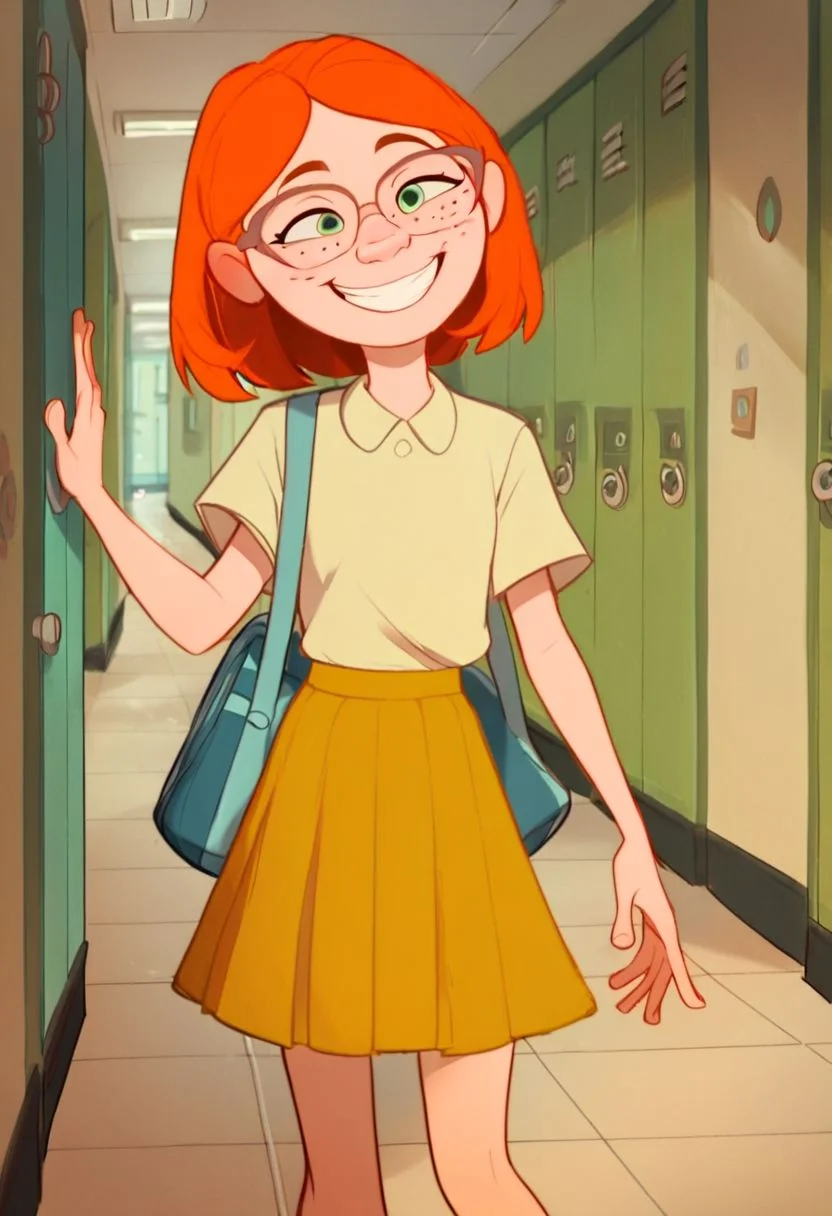 score_9, score_8_up, score_7_up, score_6_up, score_5_up, score_4_up,source_cartoon,
1girl, freckles, glasses, orange hair, skirt
hallway,happy,smile,petite,1girl,bright eyes