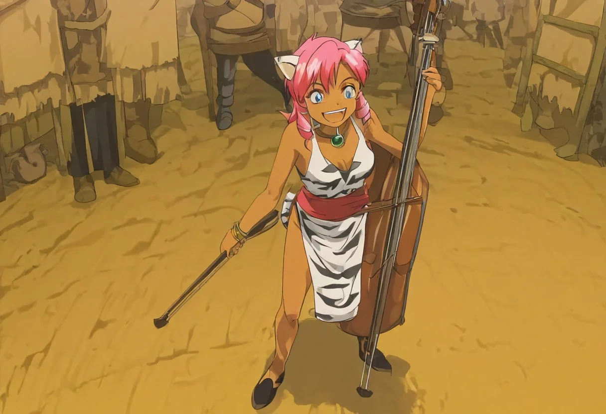 Pink_DragonPink, 1girl, sleeveless dress, white tiger print dress, pelvic curtain, cleavage, white tiger tail, red sash, small breasts, leather shoes, masterpiece, very aesthetic, smiling wide, showing teeth, <lora:pink-illustrious:1>,
Break
1boy,Anime screencap,link (zelda),blonde hair,blue eyes,pointy ears, low ponytail, sidelocks, wearing blue hyilian tunic, happily smiling
Break
On a raised medieval stage, in front of a large crowd, pink_dragonpink playing contrabass, holding a bow, doublebass, instrument, bow_(music), Link plays an ocarina