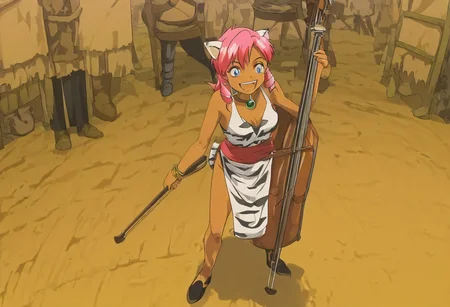 Pink_DragonPink, 1girl, sleeveless dress, white tiger print dress, pelvic curtain, cleavage, white tiger tail, red sash, small breasts, leather shoes, masterpiece, very aesthetic, smiling wide, showing teeth, <lora:pink-illustrious:1>,
Break
1boy,Anime screencap,link (zelda),blonde hair,blue eyes,pointy ears, low ponytail, sidelocks, wearing blue hyilian tunic, happily smiling
Break
On a raised medieval stage, in front of a large crowd, pink_dragonpink playing contrabass, holding a bow, doublebass, instrument, bow_(music), Link plays an ocarina