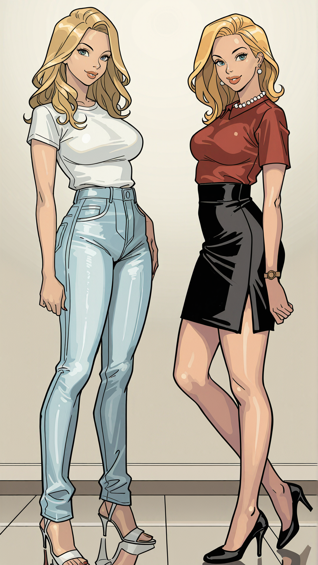 <lora:Yair_Style_Illustrious:0.9>, yairstyle, masterpiece, best quality, highres, sharp focus, cinematic lighting, hdr, high contrast, (empty background,dark background), dynamic angle BREAK
2girls, yairlexi, blonde hair, white shirt, jeans, heels, standing, looking at viewer BREAK
2girls, jewelrichmond, blonde hair, red shirt, pearl necklace, earrings, black skirt, heels, standing, looking at viewer,