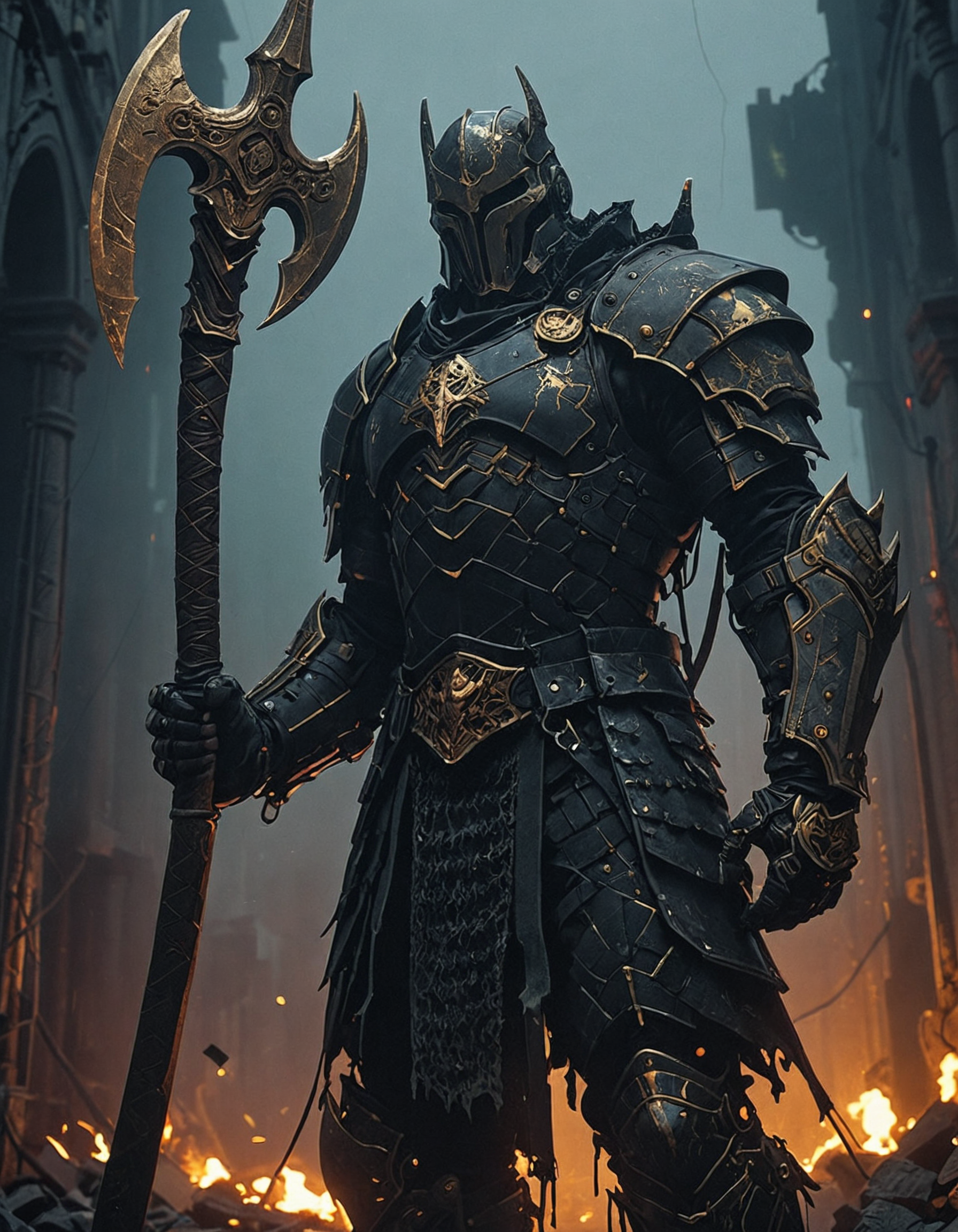 Disproportionate, majestic black warrior, dark fantasy, with huge armor and a very small head embedded in the armor, steel mesh, gold reinforcements, cracks with neon light in the armor, holding a large axe with his hand, dystopian environment, gothic architecture style, fog, low angle, fire, dark night, hyper detailed,<lora:add-detail-xl:1> <lora:Sinozick:1>