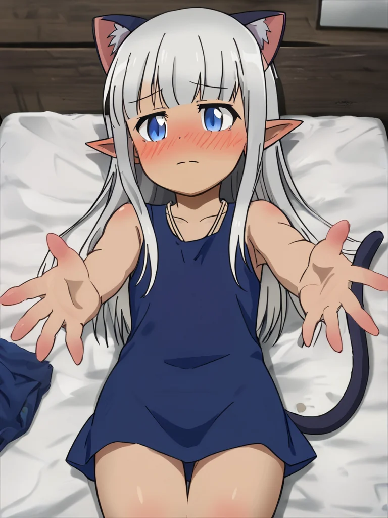 karla, elf, solo, blue eyes, cat ear, tail, sleeveless blue dress, incoming hug, frontal view, on back, on bed, bedroom, indoors, closed mouth, blushing, ear blush, reaching out, thighs,
<lora:Karla_Dony_Hurt_Me_My_Healer__Kono_Healer_Mendokusai:1>