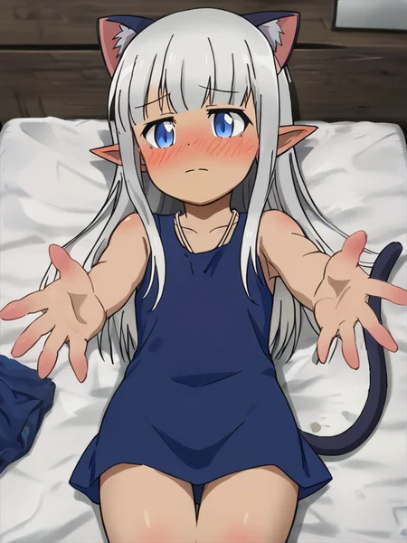 karla,  elf,  solo, blue eyes, cat ear, tail, sleeveless blue dress, incoming hug, frontal view, on back, on bed, bedroom, indoors, closed mouth, blushing, ear blush, reaching out, thighs, 
 <lora:Karla_Dony_Hurt_Me_My_Healer__Kono_Healer_Mendokusai:1>