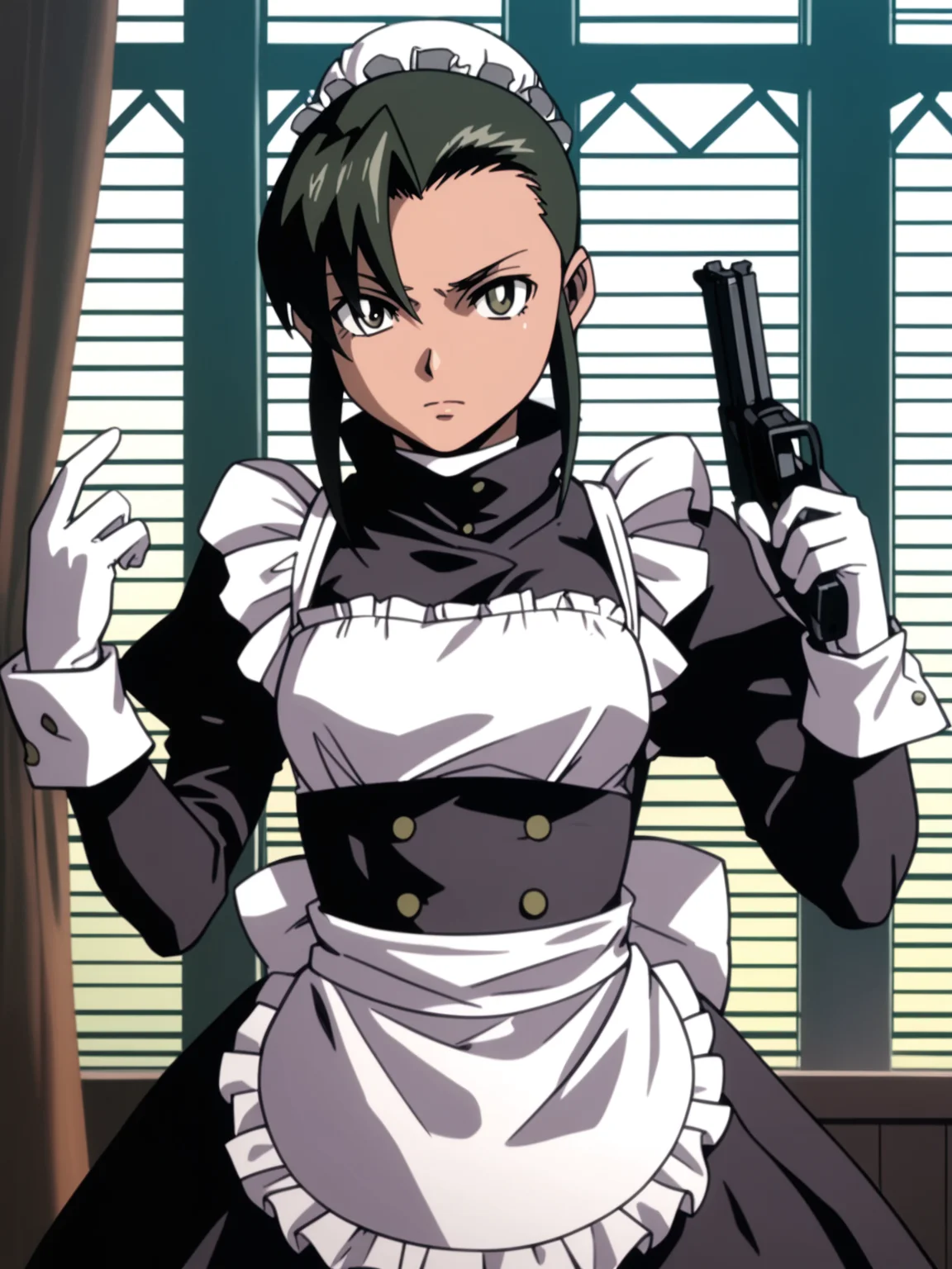 <lora:happy_tentacle-fabiola-v0.2-000026:0.9>, ht_fabiola, maid, waist apron, long sleeves, single hair bun, bun cover, high collar, white gloves, juliet sleeves, indoors, holding weapon, gun, 1girl, solo, cowboy shot, thighs, facing viewer , score_9, score_8_up, score_7_up, score_6_up, score_5_up, score_4_up