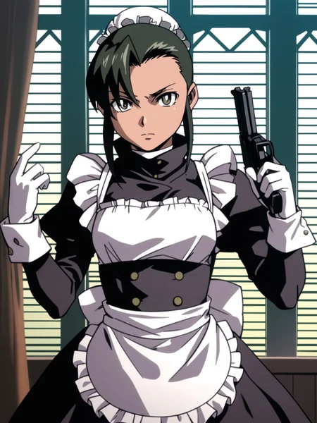 <lora:happy_tentacle-fabiola-v0.2-000026:0.9>, ht_fabiola, maid, waist apron, long sleeves, single hair bun, bun cover, high collar, white gloves, juliet sleeves, indoors, holding weapon, gun, 1girl, solo, cowboy shot, thighs, facing viewer , score_9, score_8_up, score_7_up, score_6_up, score_5_up, score_4_up