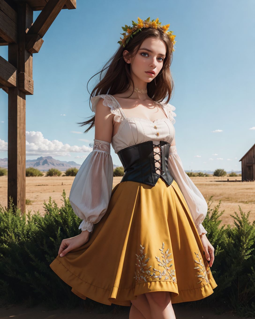 Autumn Harvest Haute Couture, (style of Tim Walker) corset top pumpkin orange pleated skirts patchwork leather vest embroidered leaf motifs styled with tall boots and floral crown rural barn setting bales of hay warm sunlight crisp autumn air ethereal posing ([: ZM_aisling :0.3]:0.9),  fcDetailPortrait epiCPhoto Style-DoF SkinDetail HairDetail Style-BlurFore