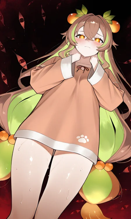 masterpiece,best quality,absurdres,very aesthetic,very awa,highres,newest,year 2024,year 2023,<lora:xmc_v0.3_noobai_cwhj_946906:0.8>,<lora:illustrious_best_quality_v1_1021798:0.8>,<lora:add-detail-xl:0.9>,<lora:Periru_Vtuber_1503428:0.7>,PeriruILXL,virtual youtuber,multicolored hair,brown hair,green hair,hair ornament,food-themed hair ornament,brown eyes,hair between eyes,dynamic background,detailed,dynamic_angle,best eyes,best hands,(varied sexual poses:1.3),very long hair,
1girl,solo,looking at viewer,closed mouth,blush,red,glowing eyes,bottomless,pajamas,hair between eyes,sweat drop,gap between thighs,standing,dark background,<lora:StS_PonyXL_Detail_Slider_v1.4_iteration_3:0.6>,score_9,score_8_up,score_7_up,