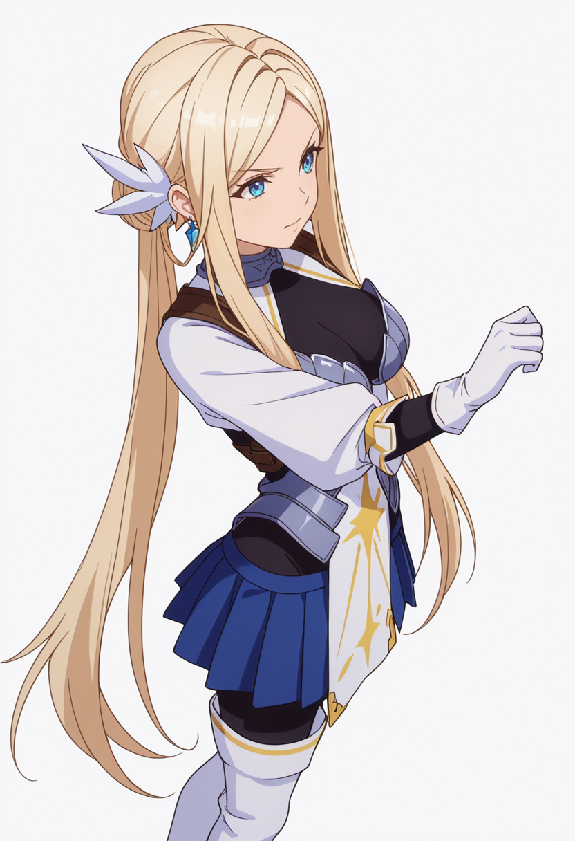 Smooth Quality,masterpiece,very intricate, high quality details, ultra realistic, high detailed skin,detailed enviorement,absurdres,
simple background, white background, dancing, solo,from above,
 <lora:Krishna_CNR:0.8> krishna_cnr, 1girl,blonde hair,very long hair,single hair bun, sidelocks, parted bangs, blue eyes, breasts,white hair ornament, earrings,armor, breastplate, armored dress, blue skirt, pleated skirt,white gloves, black pantyhose,white thigh boots,, v-shaped eyebrows,, \(^o^)/,