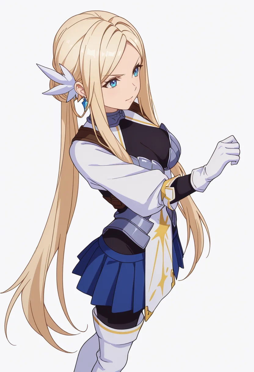Smooth Quality,masterpiece,very intricate, high quality details, ultra realistic, high detailed skin,detailed enviorement,absurdres,
simple background, white background, dancing, solo,from above,
<lora:Krishna_CNR:0.8> krishna_cnr, 1girl,blonde hair,very long hair,single hair bun, sidelocks, parted bangs, blue eyes, breasts,white hair ornament, earrings,armor, breastplate, armored dress, blue skirt, pleated skirt,white gloves, black pantyhose,white thigh boots,, v-shaped eyebrows,, \(^o^)/,