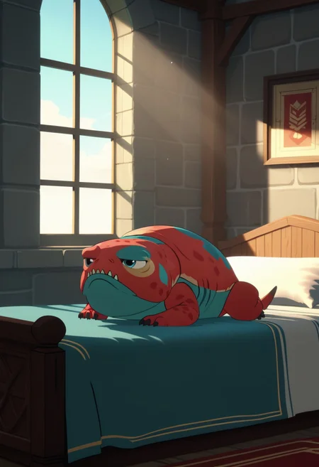 Score_9, Score_8, Score_7, TDPStyle, Bait, red and Aqua Skin, sitting on a bed,, with sunlight filtering through the windows,
