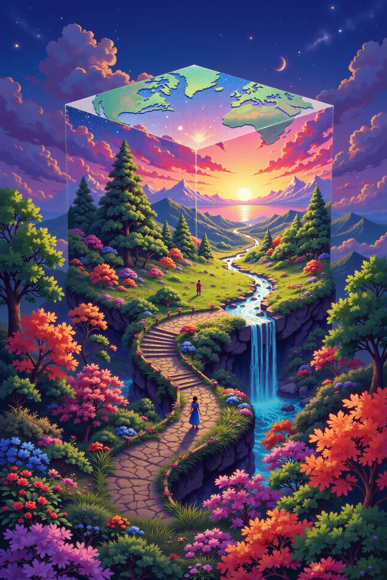cubicle beautiful landscape, dusk, woman, very intricate, very detailed, sharp, bright, colorful, <lora:Hand v2:0.5> <lora:Anti-Blur:1><lora:Insane Detail Slider:0.25>  <lora:flux.1_lora_flyway_Epic-detail_v2:0.3> <lora:fluxenhancer:0.25> <lora:ROWER:0.6> <lora:flux-charmer-v1-1:0.4> <lora:n1j1-5-12:1.2> n1j1