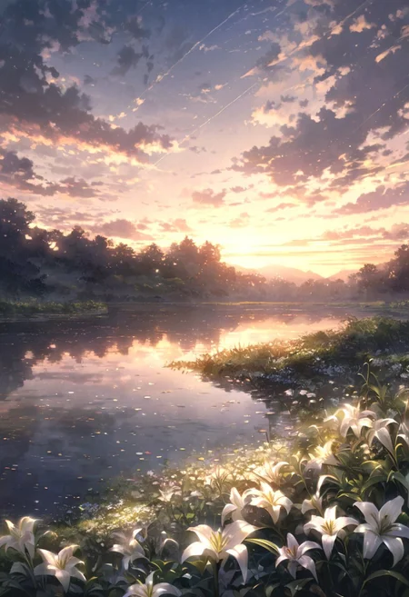 detailed background,( Calm spring night landscape), amongst lush greenery, beautiful view, lily flower in full bloom, lily flower, early morning, sunrise sky, beautiful clouds, dappled sunlight, beautiful, Tranquil Lake, Walkway, petals dancing in the wind, depth of field, masterpiece, best quality, ultra-detailed, very aesthetic, illustration, perfect composition, intricate details, absurdres, moody lighting, wisps of light, no humans,