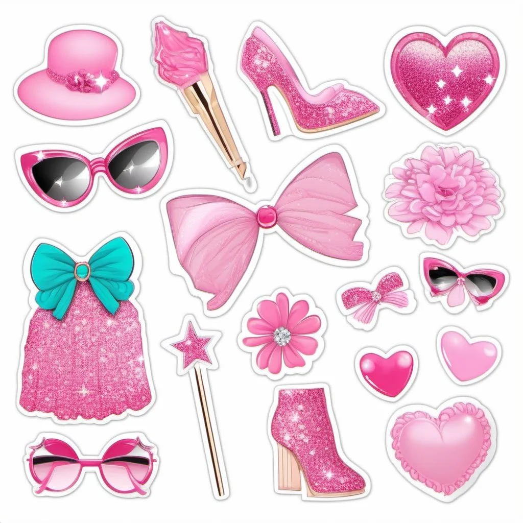 Cute sparkle pink barbie StickerSheet  <lora:SDXL-StickerSheet-Lora:1>, Very detailed, clean, high quality, sharp image, Eric Wallis