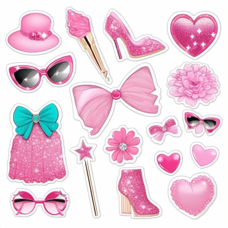 Cute sparkle pink barbie StickerSheet <lora:SDXL-StickerSheet-Lora:1>, Very detailed, clean, high quality, sharp image, Eric Wallis
