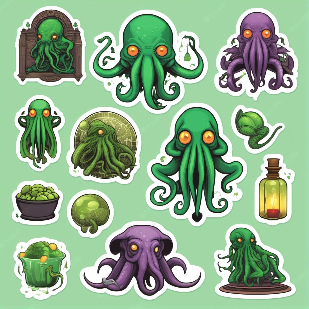 Cthulhu StickerSheet  <lora:SDXL-StickerSheet-Lora:1>, based on H.P Lovecraft stories, Very detailed, clean, high quality, sharp image