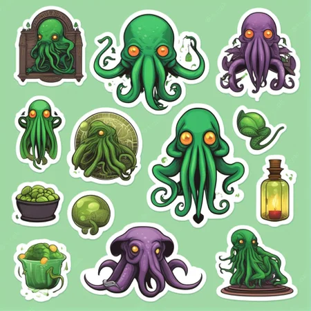 Cthulhu StickerSheet <lora:SDXL-StickerSheet-Lora:1>, based on H.P Lovecraft stories, Very detailed, clean, high quality, sharp image