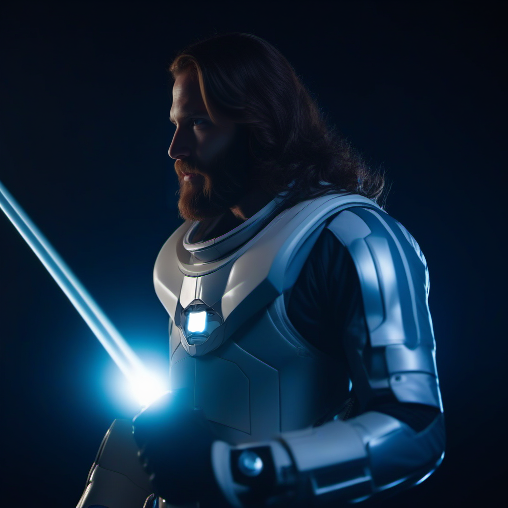 a man with long hair and a beard in a space suit holds an saber and an energy shield <lora:Ulysse31-1024_r1:0.8>