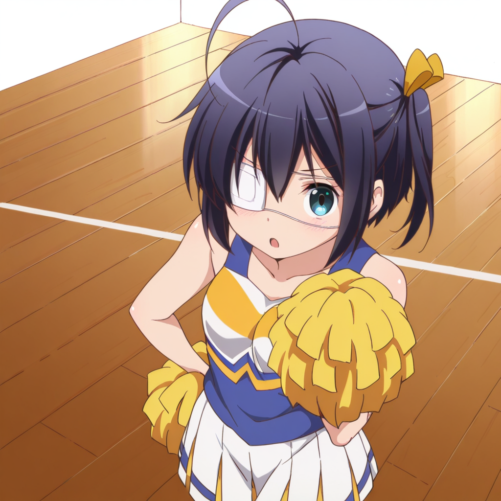 masterpiece, best quality, amazing quality, 1girl, solo, love_chunibyo_other_delusions_takanashi_rikka, standing, cheerleader, eyepatch, pom pom (cheerleading), one side up,  short hair, blue eyes, ahoge, black hair, :o, <lora:Takanashi_Rikka:0.7>