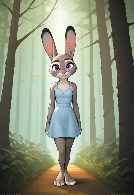 source_furry, source_anime, score_9, score_8_up, score_7_up, score_6_up, score_5_up, score_4_up, perfect face, furry, forest, solo (judy_hopps, short, slim, girl, cute, sundress) BREAK, zaush