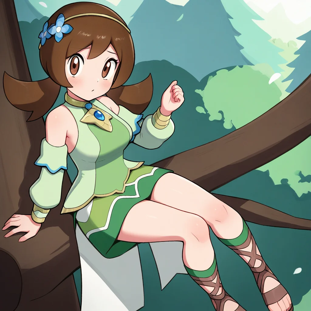 2d, masterpiece, best quality, amazing quality, highres, absurdres, newest, 1girl, solo, sitting, on branch, forest, from above, dutch angle, looking at viewer, medium breasts,  syglyra, brown eyes, brown hair, bangs, low twintails, hairband, hair flower, choker, blue gemstone, detached sleeves, bare shoulders, long sleeves, green shirt, green skirt, gladiator sandals, brown footwear, green footwear