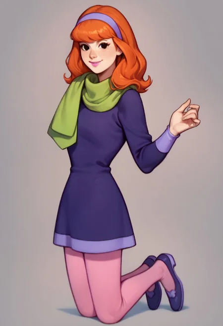score_9, score_8_up, score_7_up BREAK DaphneCl, 1girl, orange hair, black eyes, pink lipstick, lavender headband, green scarf, long-sleeved purple lavender shirt, lavender cuffs, purple skirt, lavender hemline, pink tights, purple shoes, smiling at viewer, full body,