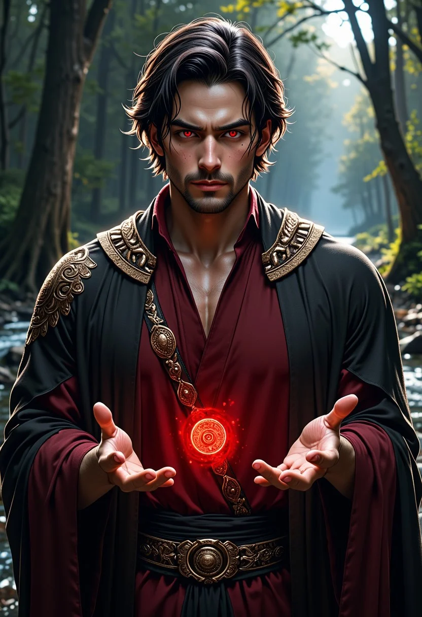 The image is a highly detailed, digital illustration of a young man with a rugged, intense expression. He has a medium build, with a strong jawline and a neatly trimmed beard. His dark, wavy hair falls to his shoulders, with a few strands framing his face. His piercing, blood red eyes give him an otherworldly appearance, adding to the dramatic intensity of the scene. He has a small scar above his left eyebrow and a few faint scratches on his face, suggesting a battle or rough life.
flirty expression, handsome, charming, simple charm,
He is dressed in traditional, ornate attire, including a deep red inner garment visible at the neck, a black outer robe with intricate gold embroidery, and a black sash. The robe has a rich, textured fabric that appears to be silk or a similar material, with a subtle sheen. A decorative, ornate belt with a golden buckle is draped across his chest.
A faint bloody aura envelopes him. His hands reach out to a distant enemy. He radiates ruthless power and authority.
The background is a moonlight lit clearing in a dense forest. A small creek flows along the edge of the clearing. The color scheme within his aura is red.