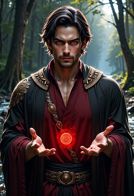 The image is a highly detailed, digital illustration of a young man with a rugged, intense expression. He has a medium build, with a strong jawline and a neatly trimmed beard. His dark, wavy hair falls to his shoulders, with a few strands framing his face. His piercing, blood red eyes give him an otherworldly appearance, adding to the dramatic intensity of the scene. He has a small scar above his left eyebrow and a few faint scratches on his face, suggesting a battle or rough life.
flirty expression, handsome, charming, simple charm,
He is dressed in traditional, ornate attire, including a deep red inner garment visible at the neck, a black outer robe with intricate gold embroidery, and a black sash. The robe has a rich, textured fabric that appears to be silk or a similar material, with a subtle sheen. A decorative, ornate belt with a golden buckle is draped across his chest.
A faint bloody aura envelopes him. His hands reach out to a distant enemy. He radiates ruthless power and authority.
The background is a moonlight lit clearing in a dense forest. A small creek flows along the edge of the clearing. The color scheme within his aura is red.