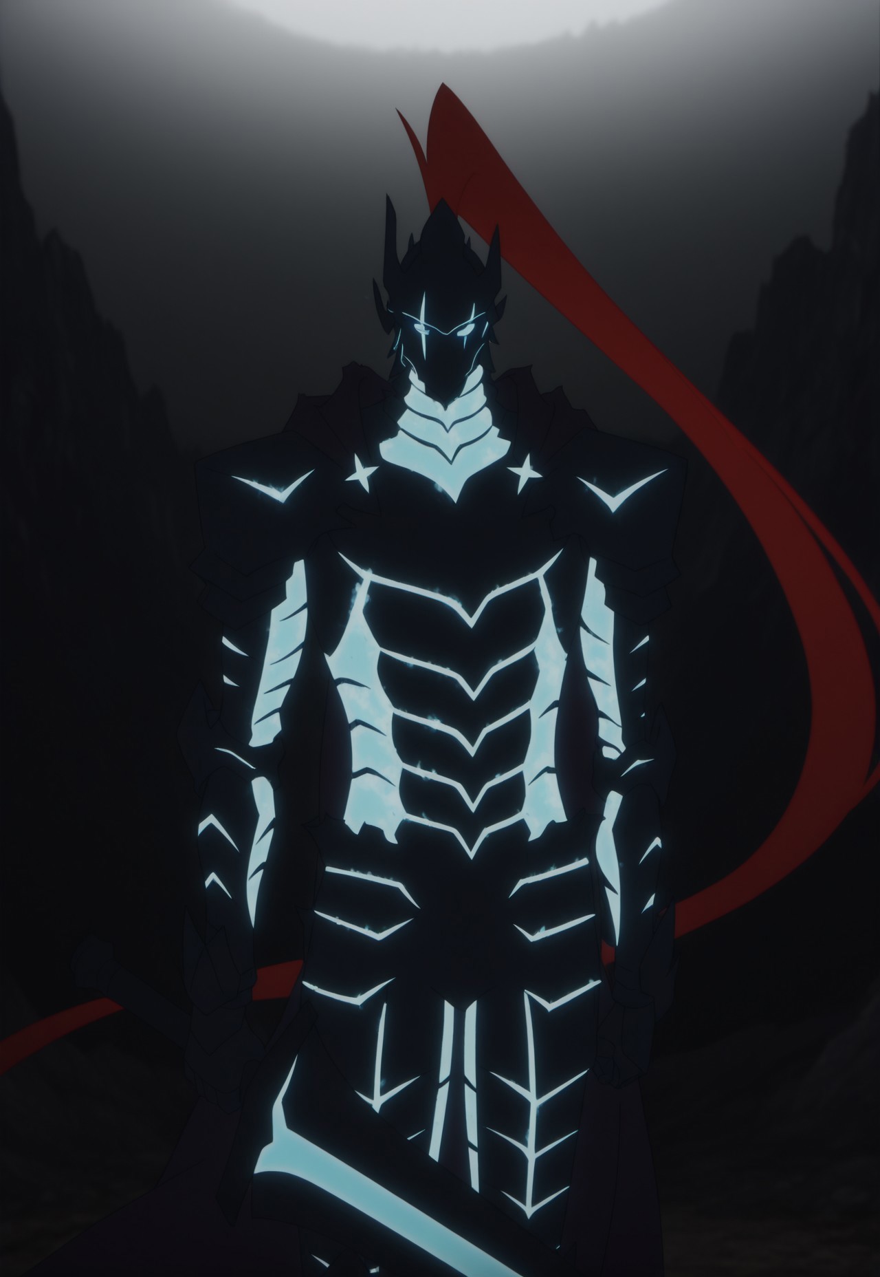 source anime,anime screencap,anime coloring,intricate details,fake screenshot,masterpiece, best quality, very aesthetic, dramatic lighting, illustration, White background, score_9, score_8_up, score_7_up, BREAK, Igris, full armor, glowing, sword, holding sword, standing, looking at viewer, cowboyshot