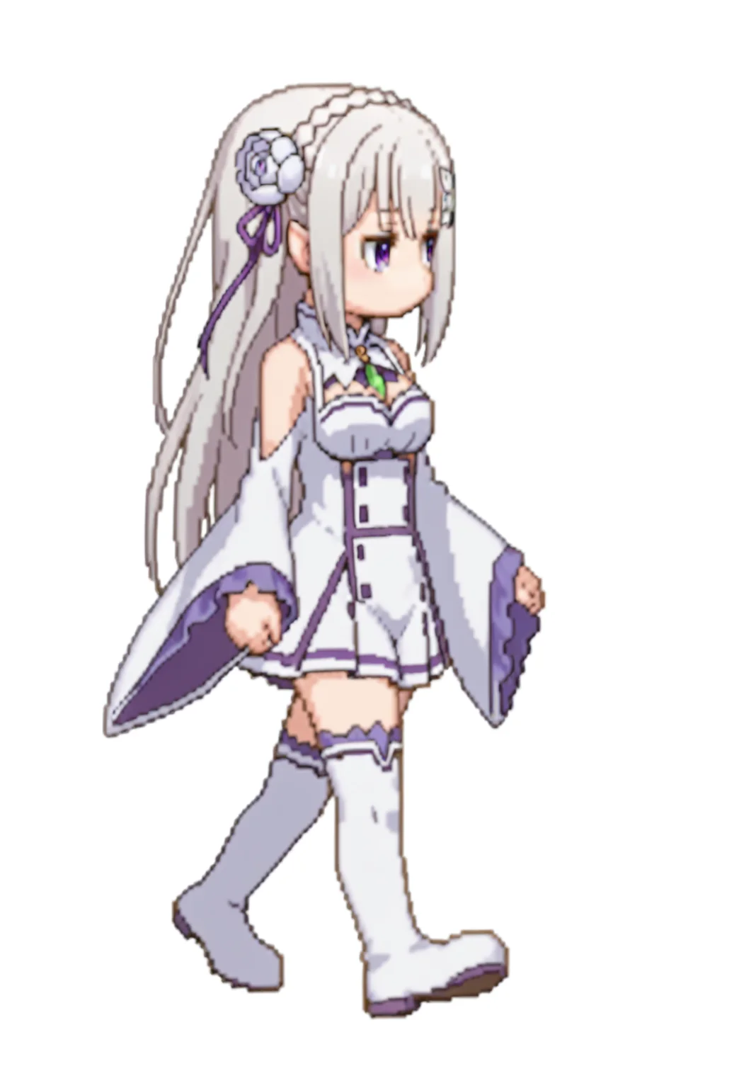 score_9, score_8_up, score_7_up, source_anime,
BREAK
<lora:shiSpriteV3:1.0>, rightwalkright, chibi, full body, looking to the side, from side,
no mouth, medium breasts, walking,
simple background, white background,
1girl, solo, anime screencap, anime coloring,
<lora:shiEmiliaV2:1> shimilia, long hair, grey hair, purple eyes, pointy ears, crown braid, hair flower, hair ribbon, purple ribbon, x hair ornament, white dress, bare shoulders, wide sleeves, white thighhighs, thigh boots,