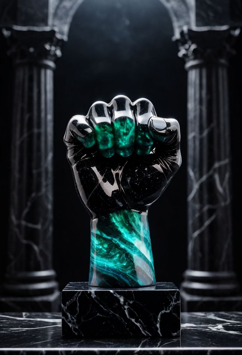 Fujifilm XT3, Sony A7 IV, (award winning photography) a (black: 0.89) marble (real Human fist: 1.35) made of opal (Kintsugi: 0.89) set on a pedestal in temple, glistening. in the background beautiful pillars, divine (iridescent: 0.79), opalescent textures, volumetric light, ethereal, sparkling, studio photo, highly detailed, sharp focus (highest quality: 1.39) (highest coherency: 1.39) (award winning photography), highly detailed photography, (muted colors, cinematic, dim colors, soothing tones:1.2), vibrant, insanely detailed, hyperdetailed, (dark shot:1.2), (vsco:0.3), (intricate details:0.9), (hdr, hyperdetailed:1.2) (vignette), sss, raw photo, fijifilm, kodak, cinematic film grain