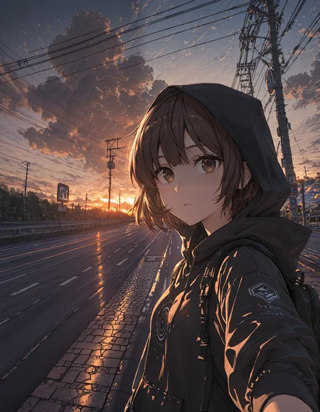 re4lity_sync_illu, <lora:re4lity:1>,1girl, solo,brown eyes, selfie,   outdoors, scenery, bag, sky, backpack, road, cloud, solo, 1girl, power lines, short hair, sunset,  hood, sign,looking looking at viewer, 
 foreshortening,incredibly absurdres, masterpiece, absurdres, high quality