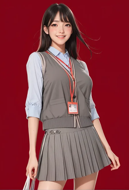 1girl,red background,,ruanyi1019,collared shirt,grey skirt,pleated skirt,sweater vest,lanyard,cowboy shot,thigh gap,grey vest,<lora:1019 Home wear 35_v1_pony:1>, score_9, score_8_up, score_7_up, score_6_up, score_9, score_8_up, score_7_up, score_6_up source_anime, blush, 1girl, seduce smile, perfect body , natural huge breasts