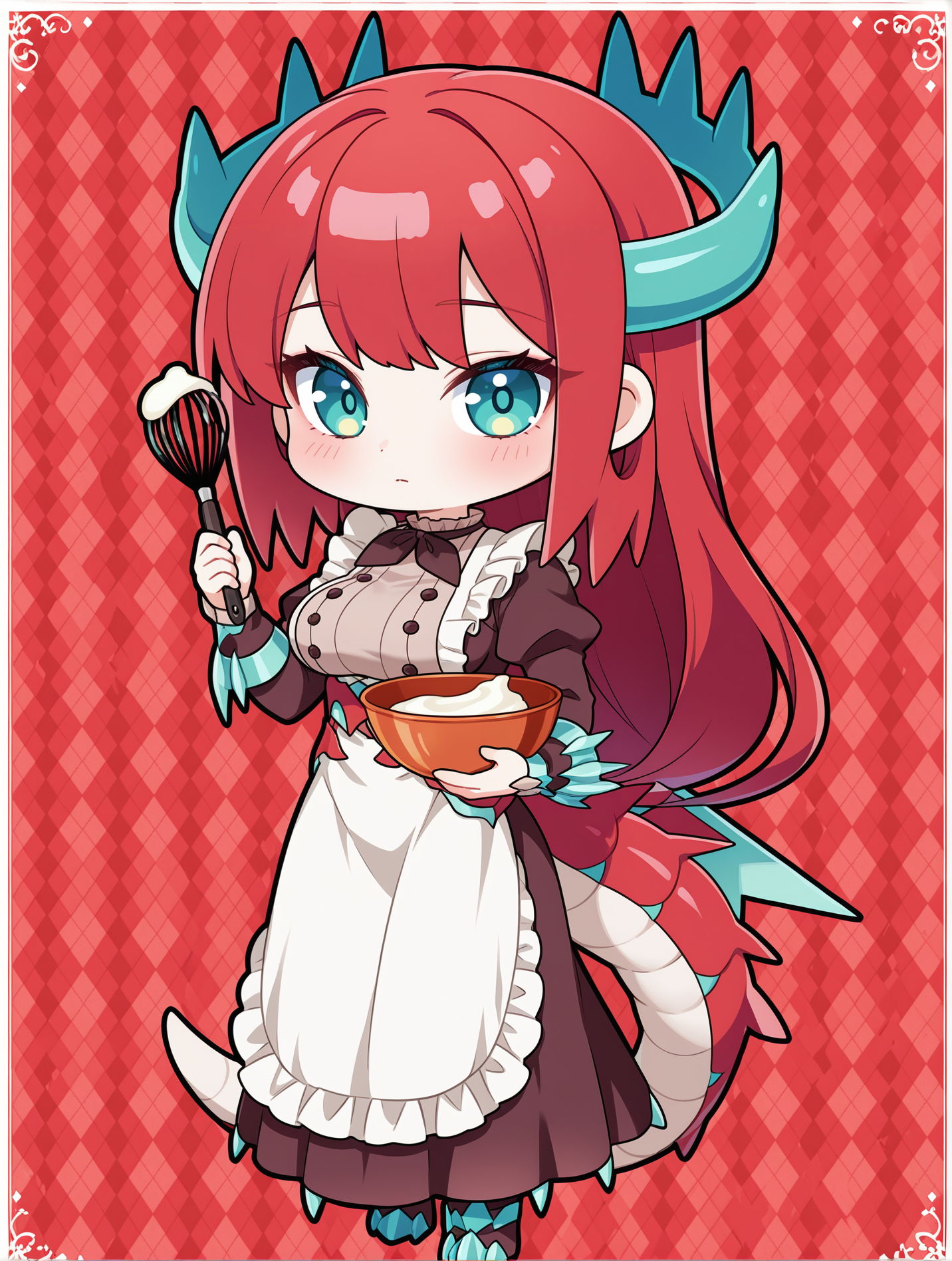 chibi, kitchen dragonmaid, 1girl, solo, argyle background, red background, holding whisk, whisk, holding bowl, bowl, blush, looking at viewer, full body, large breasts, closed mouth, spatula, brown claw boots, standing, brown maid clothes, white border,
masterpiece,best quality,amazing quality,very aesthetic,absurdres,newest,<lora:kitchen dragonmaid illuXL v1.1:0.72>,
