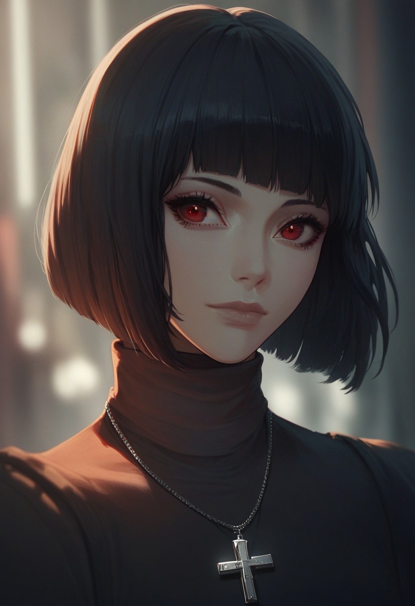 score_9, score_8_up, score_7_up, SLVTK, 1girl, solo, short hair, black hair, jewelry, looking at viewer, necklace, cross, portrait, bangs, red eyes, closed mouth, turtleneck, blurry background, cross necklace, lips, piercing, blurry, bob cut, eyelashes