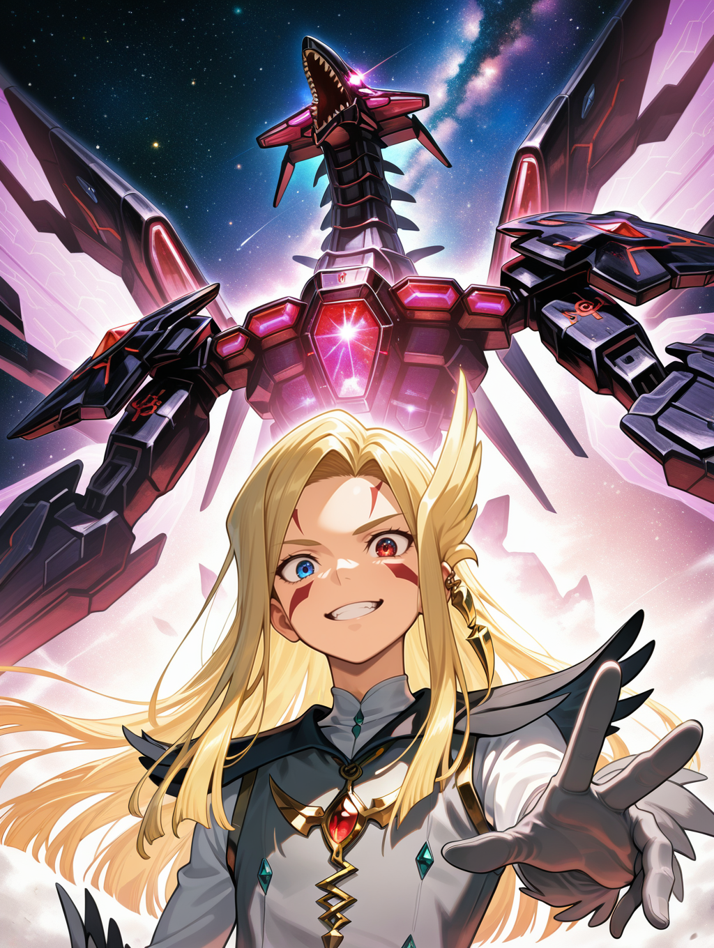 1boy,1other,space,
BREAK glowing eyes,black mecha dragon,galaxy-eyes tachyon dragon,looking up,sharp teeth,
BREAK mizael,smile,male focus,grin,teeth,upper body,heterochromia,facial tattoo,solo,gold hair ornament,from below,grey gloves,grey vest,looking at viewer,outstretched hand,
masterpiece,best quality,amazing quality,very aesthetic,absurdres,newest,<lora:Galaxy-Eyes Tachyon Dragon illuXL v1:0.75>,