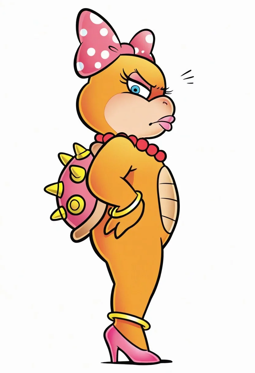 1girl, solo, female focus,
no humans, furry female,
full body, side view,
koopa,
wendy o. koopa,
blue eyes, pink lips, eyelashes, hoop bracelets, high heels, hair bow,
looking at viewer, annoyed, hands on hips,
simple background, white background