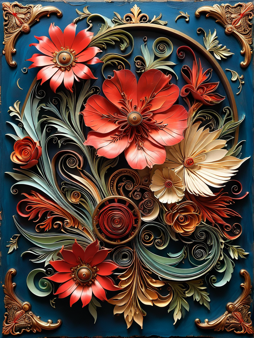Steampunk style, (Extreme Professional 3D rendering:1.3) of (Masterpiece:1.3),(Amusing:1.3) Dark Blue, ((Fantasy-themed, fantasy art, swift brush strokes)), (Pulp:0.9), ((Dark and grim colors and mood)), embossed in metal (Victorian Gothic Art:1.3),(Dark hue:1.3), Sage Aven , consecrated Oasis, moist weather, Michelangelo Pistoletto, Jacek Malczewski, Crimson, Indigo, medieval,<lora:ral-stkdrnrc:0.5> ral-stkdrnrc,<lora:artfullyFLOWER_SDXL_V1:0.5> Artflwr, Quilling, Encaustic, Origami, Paper cutting,(by Artist Gustaf Tenggren:1.3),CGSociety,ArtStation,(Modernism Art:1.3),(Red hue:1.3), antique, mechanical, brass and copper tones, gears, intricate, detailed