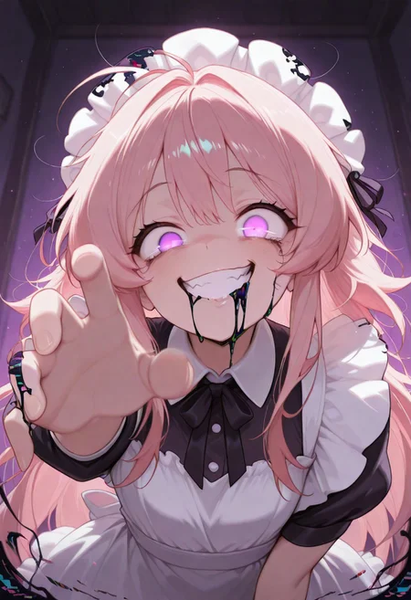 (masterwork, masterpiece, best quality, hyper-detailed, 8k uhd:1.4) , anime screencap,<lora:CivChan:1> civchan, 1girl, solo, grin, purple eyes, pink hair,
BREAK;
Pibby corruption, glitch, drooling, white sclera, no eyes, no pupils, black goo, digital dissolve, distortion,purple theme, wide eye, glowing eye, messy hair, twisted smile, teeth clenched, hand reaching viewer, teeth, digital, pixels, torn clothes, insane, code, dissolving, particles, <lora:PC-98_Style_Illustrious:1> pc98, || pixel art,
BREAK;
happy, sweet,