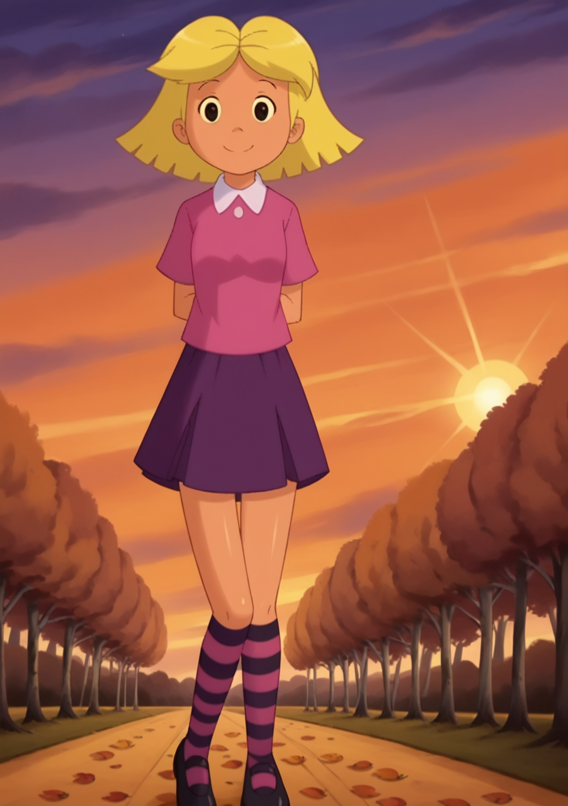 score_9, score_8_up, score_7_up, BREAK, masterpiece, highres, emilyelizabeth, blonde hair, short hair, smile, black eyes, pink shirt, white skin, pale skin, white collar,  dark purple skirt, striped, socks, kneehighs, striped socks, black footwear, shoes, standing, arms behind back, crossing legs, looking at viewer, blue sky, park, forest, autumn, sunlight, sun, clouds, close up, <lora:Emily_Elizabeth:1> <lora:add-detail-xl:1.5>