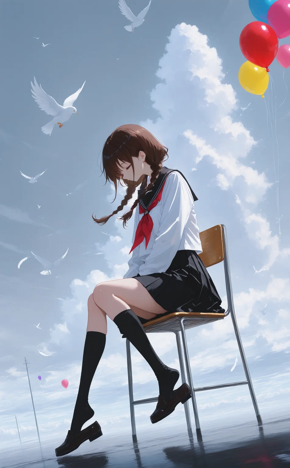 masterpiece, best quality, amazing quality, good quality, very awa, newest, highres, absurdres,
1girl, solo, long hair, shirt, skirt, brown hair, black hair, long sleeves, closed mouth, sitting, twintails, school uniform, white shirt, closed eyes, braid, outdoors, pleated skirt, sky, socks, day, serafuku, cloud, black skirt, sailor collar, twin braids, neckerchief, kneehighs, low twintails, bird, animal, chair, black socks, cloudy sky, feathers, wind, red neckerchief, knees together feet apart, balloon, shoe dangle,
dutch angle, Vignetting, fuyumur4s4ki_illu
<lora:ponyv4_noob1_2_adamW-000017:0.40> <lora:XXX667:0.50> <lora:lpc_v10:0.40> <lora:fuyumur4s4ki_style:0.70>