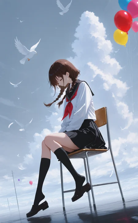 masterpiece, best quality, amazing quality, good quality, very awa, newest, highres, absurdres, 
1girl, solo, long hair, shirt, skirt, brown hair, black hair, long sleeves, closed mouth, sitting, twintails, school uniform, white shirt, closed eyes, braid, outdoors, pleated skirt, sky, socks, day, serafuku, cloud, black skirt, sailor collar, twin braids, neckerchief, kneehighs, low twintails, bird, animal, chair, black socks, cloudy sky, feathers, wind, red neckerchief, knees together feet apart, balloon, shoe dangle,
dutch angle, Vignetting, fuyumur4s4ki_illu
<lora:ponyv4_noob1_2_adamW-000017:0.40> <lora:XXX667:0.50> <lora:lpc_v10:0.40> <lora:fuyumur4s4ki_style:0.70>
