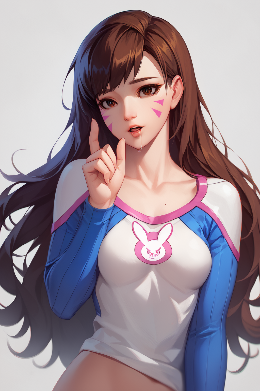 <lora:DVApony:1>,
score_9,score_8_up,score_7_up,score_6_up,score_5_up,score_4_up,
masterpiece,best quality,masterpiece,(best quality),
official art,extremely detailed cg 8k wallpaper,((crystalstexture skin)),(extremely delicate and beautiful),highly detailed,
HanaSong,1girl,solo,d.va,(overwatch),long hair,whisker markings,facial mark,brown eyes,looking at viewer,
beautiful detailed eyes,shirt,simple background,open mouth,parted lips,saliva,(drooling:1.3),